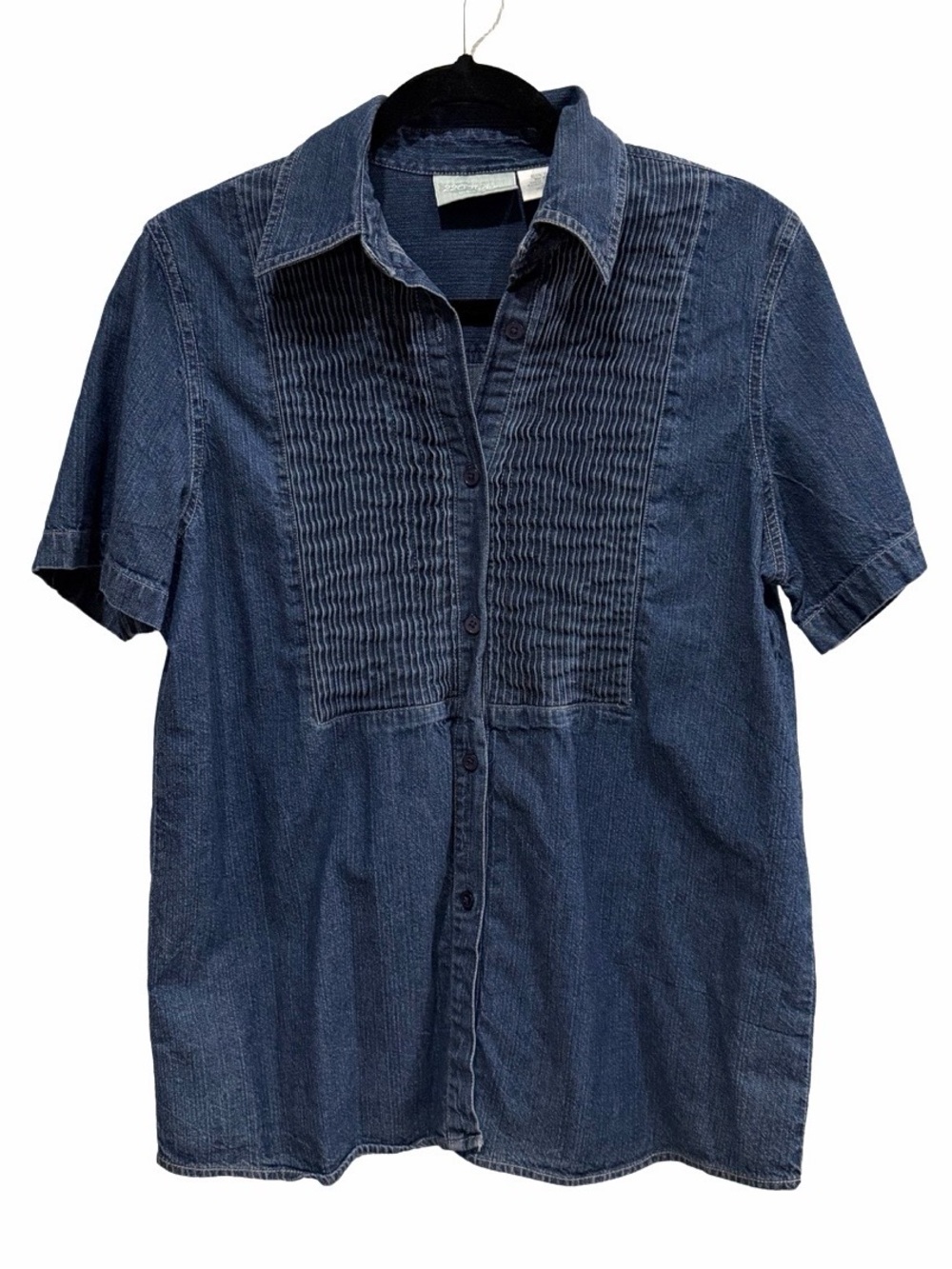 Women's Dark Blue Denim Button-Down Shirt with Pintuck Front